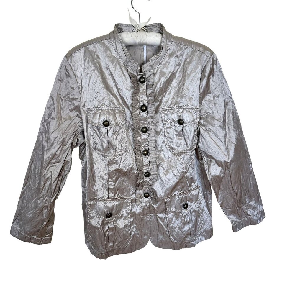 Chicos Womens Crinkled Metallic Jacket Button Up Jacket Size 3 XL Tan Coat Top